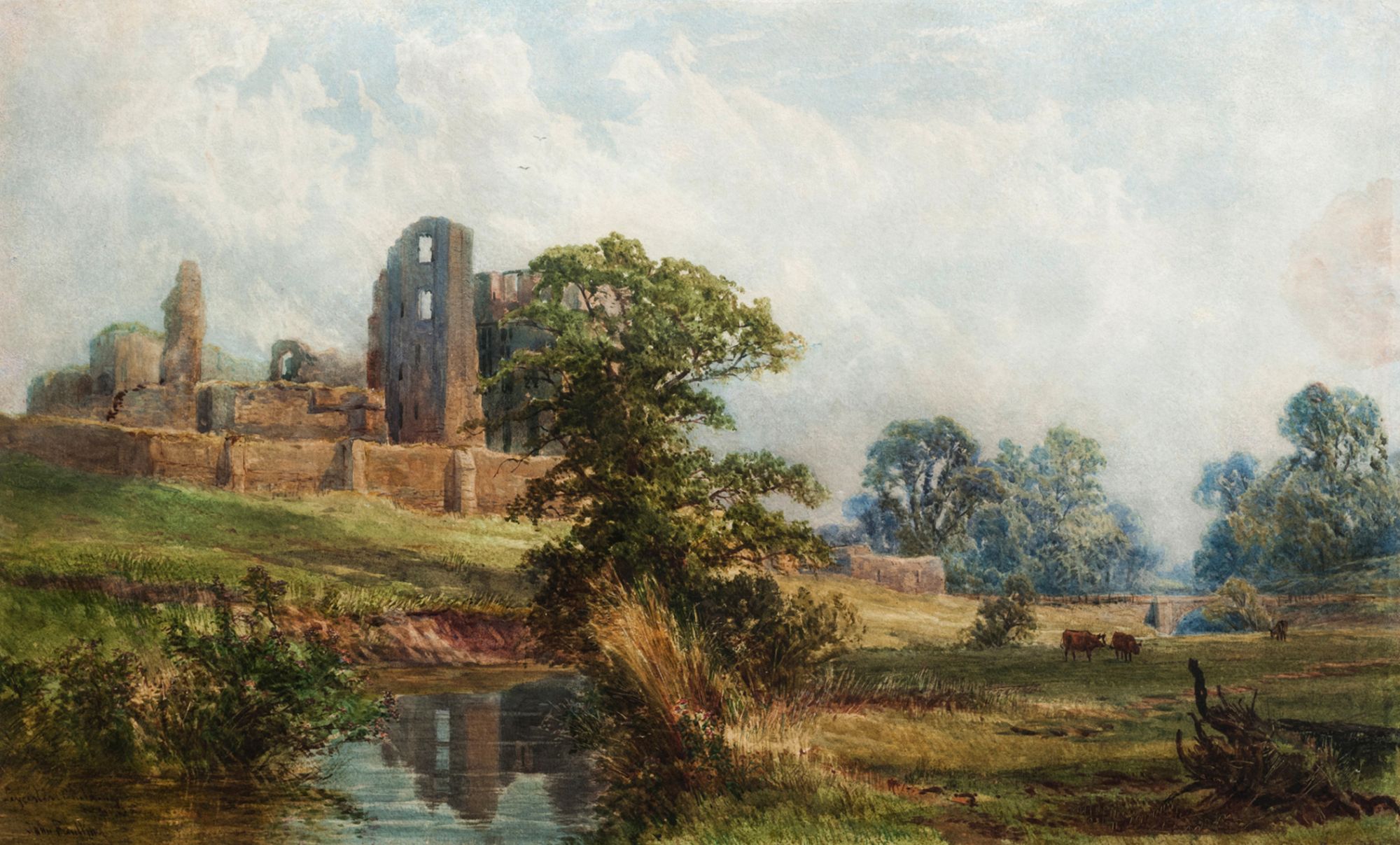 John Faulkner RHA, Irish 1835-1894-Cattle grazing in a meadow by a stream with a ruined castle and
