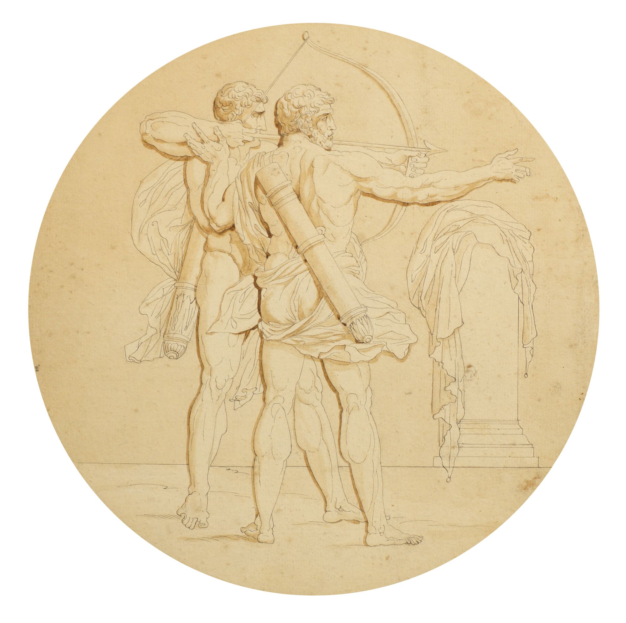 Attributed to Bartolomeo Pinelli, Italian 1781-1835-Two classical archers; pen, grey ink and brown