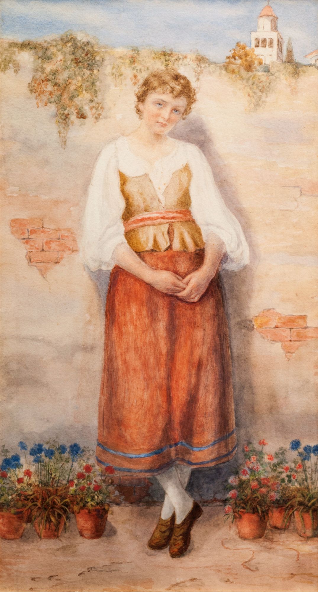 British School, mid-late 19th century-Study of a young lady standing full-length by a garden wall