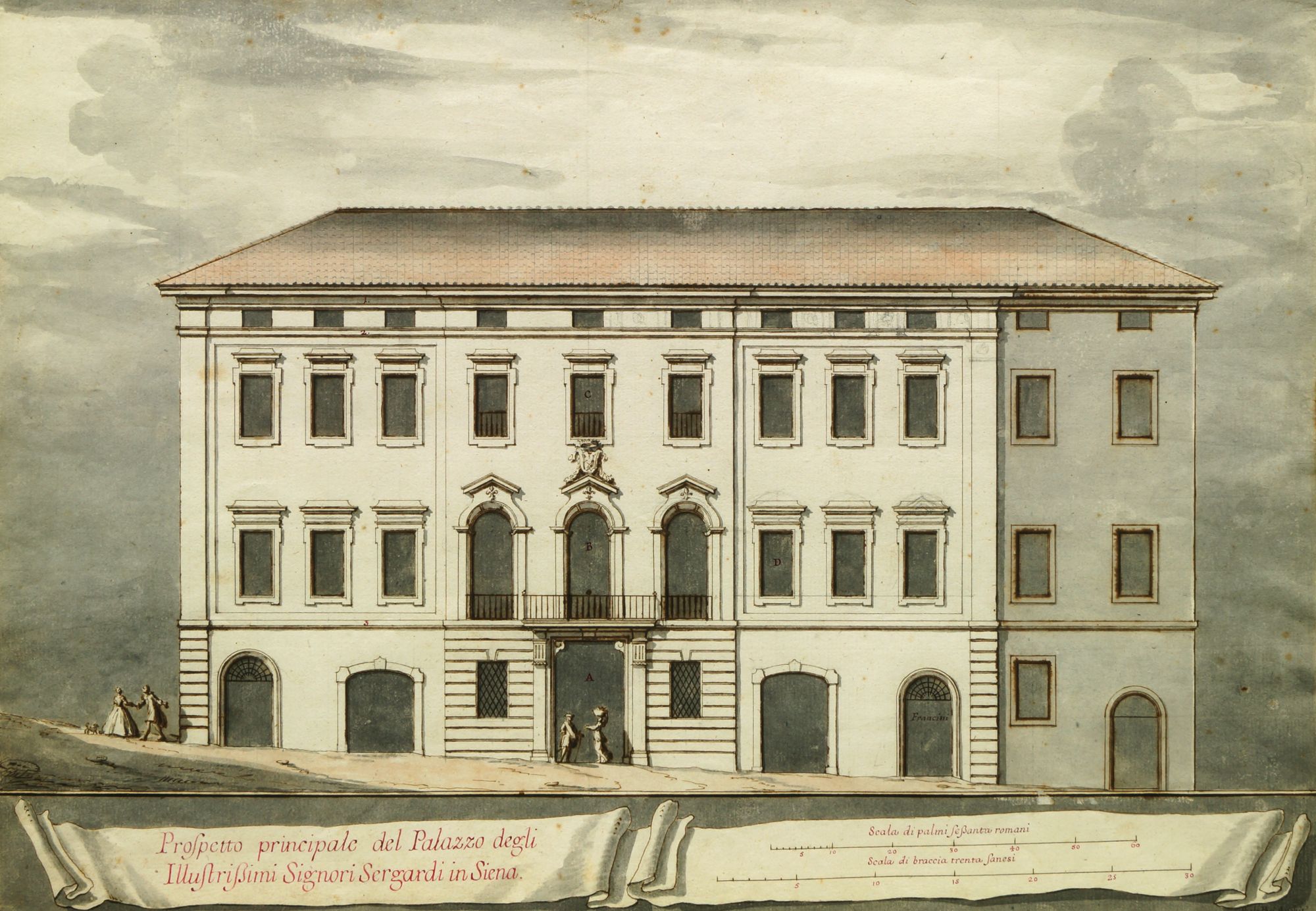 Paolo Posi, Italian 1708-1776- Views of the Palazzo Sergardi, Siena; watercolour, pen, brown ink,