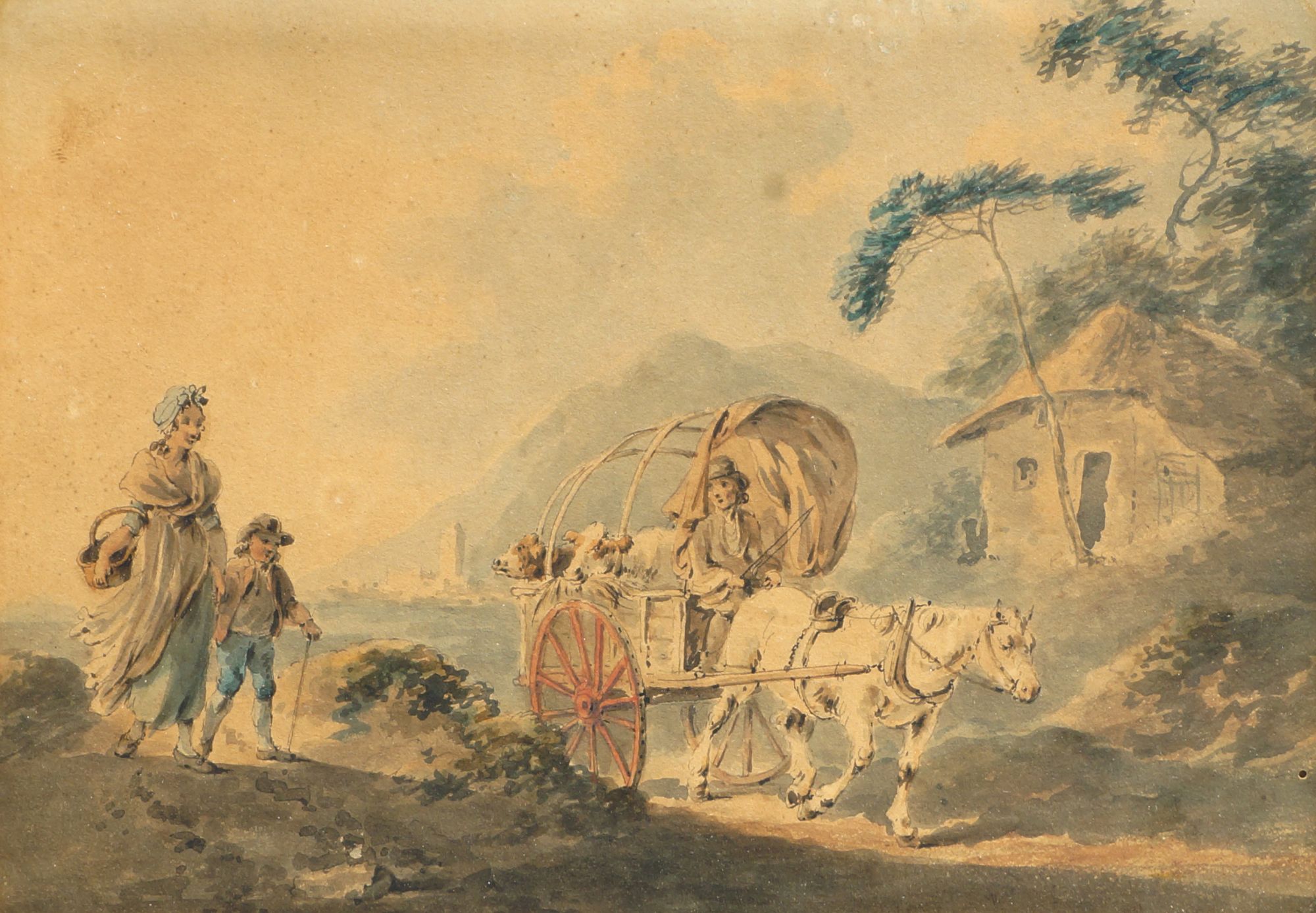 Peter le Cave, British act 1769-1811- Horse and cart and figures on a rural track;pen and grey