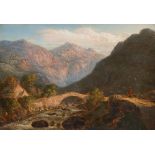 Circle of David Cox Snr OWS, British 1783-1859-Mountain landscape with a stone bridge and a