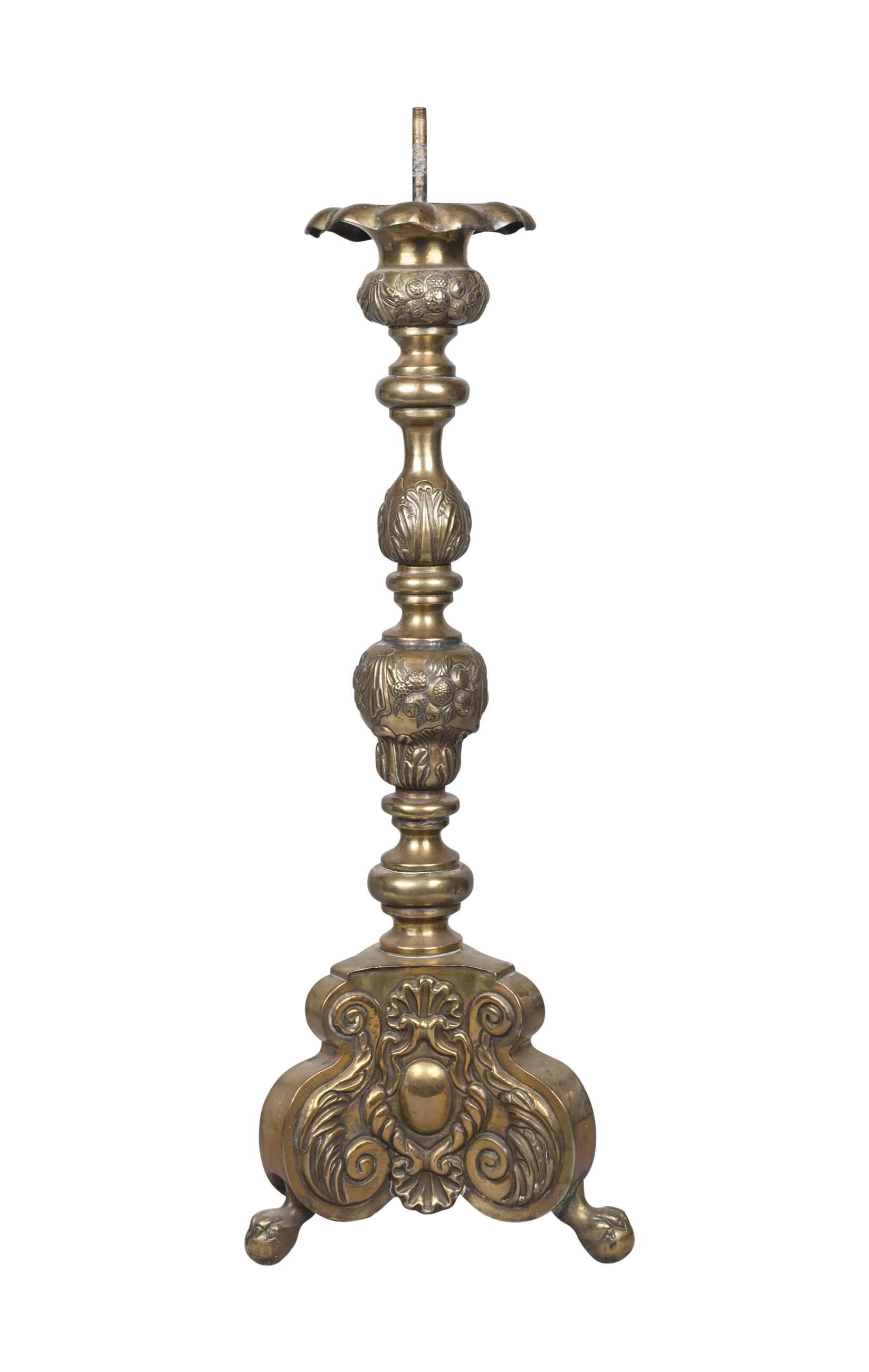 A Continental brass pricket stick, probably Spanish, late 19th century, embossed with flowers and
