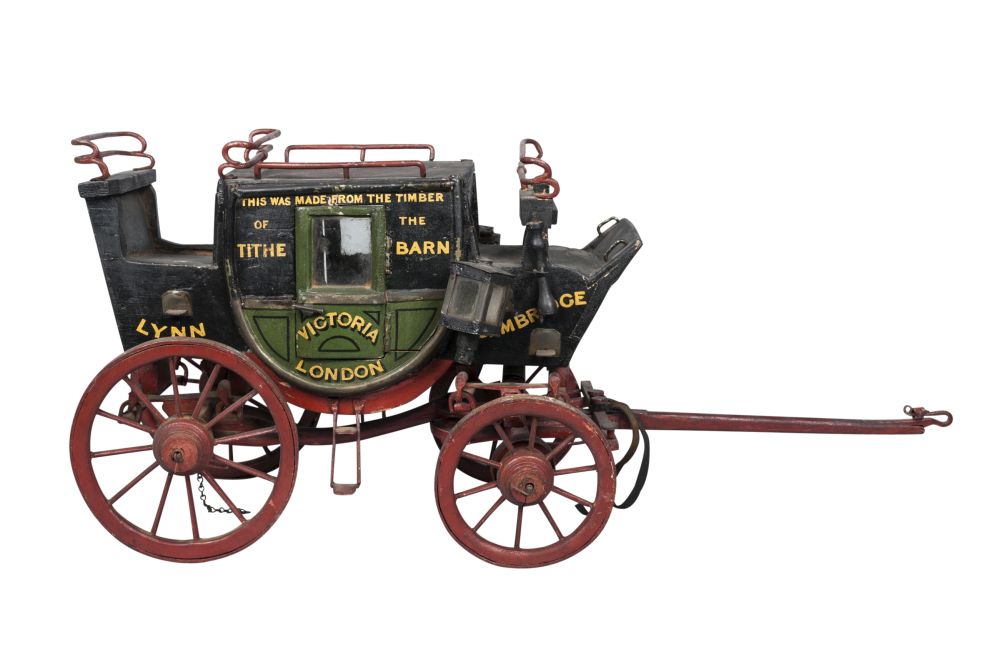 A Victorian painted wood and wrought iron model of a Georgian stage coach, inscribed to the sides “