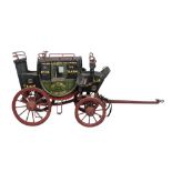 A Victorian painted wood and wrought iron model of a Georgian stage coach, inscribed to the sides “