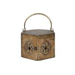 A Dutch brass carriage warmer, circa 1730, of hexagonal form, with swing handle and hinged doors,