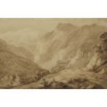 British School, early-mid 19th century- Mountainous landscape with ruins; pen, ink and wash, 30.