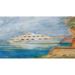 Jon Bonnenberg, late 20th/early 21st century- Super yacht at sea; pastel and wash, signed and