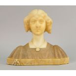 An alabaster bust of a young lady, early 20th century, her hair adorned with a chain, wearing a long