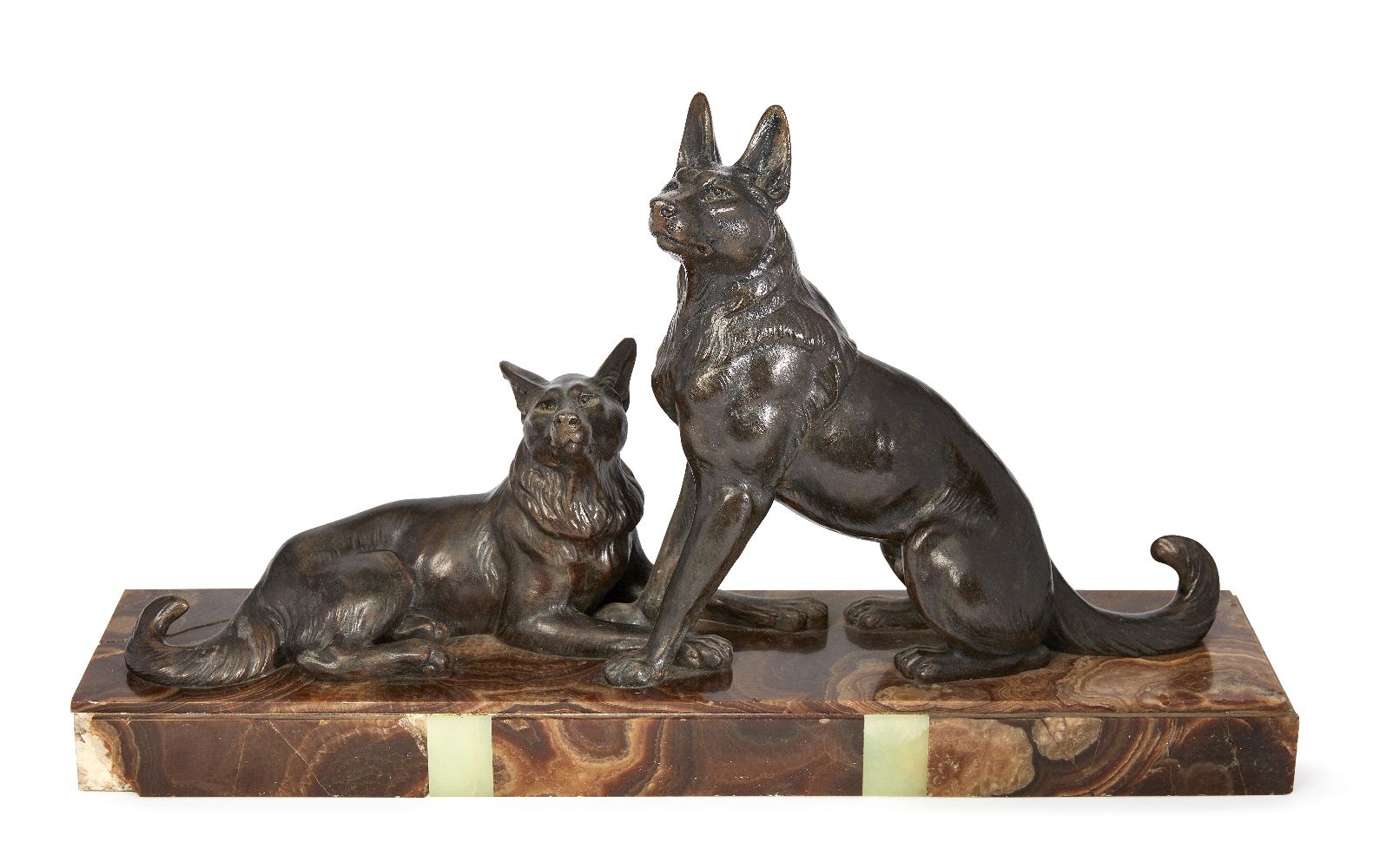 An Art Deco Cold-painted spelter 'Alsatian' Groupc.1930, apparently unsignedCast as a pair of