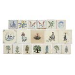 Packard & Ord, a group of painted ceramic tiles, mixed subjects - various sizes and patterns