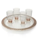 'Bantam' No.3674 and ‘Chinon’ No.5235, a Lalique clear and frosted tray and four water glasses