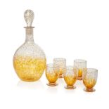 Monart, a glass decanter with stopper and five glasses20th Century, printed Monart label all