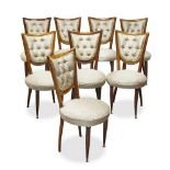 A set of eight Italian walnut and upholstered chairs c.1940Curved back rail with button back