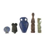 An Egyptian carved green feldspar seated Hapi, holding both hands in front of his chest Late