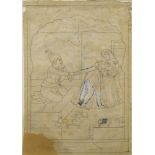 A prince with two ladies on a palace terrace under a cusped arch, Kangra, circa 1760, drawing on