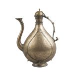 A small Mughal brass ewer, India, 18th century, of globular form, on a short spreading foot with