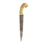 A Mughal lion-hilted dagger, India, 19th/20th century, the straight steel blade plain, the gilded