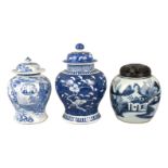 Three Chinese porcelain jars, 18th-19th century, one with cover painted underglaze blue with figures