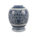 A Chinese porcelain bulbous vase, 18th century, painted in underglaze blue with chrysanthemum blooms