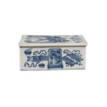 A Chinese porcelain rectangular box and cover, early 19th century, painted in underglaze blue with