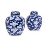 A pair of Chinese porcelain jars and covers, late 19th century, painted in underglaze blue with