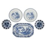 Five Chinese porcelain dishes, 18th century, all painted in underglaze blue, comprising a canted