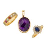 A sapphire and diamond ring, a gem ring, and an amethyst single stone pendant, the single stone