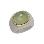 A phrenite and agate single stone bombe ring, the single pale green cabochon phrenite in collet