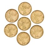 Seven Victoria Young Head sovereigns, comprising: 1879, Melbourne Mint; 1882, Sydney Mint, 1882,