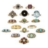 A group of sixteen diamond and gem rings, including: a Sapphire and diamond cluster ring; with