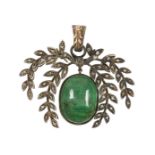 A late 19th century emerald and diamond pendant, the single cabochon emerald drop suspended from a