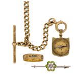 An 18ct gold watch chain, mourning ring and diamond brooch, the watch chain of curb-link design with