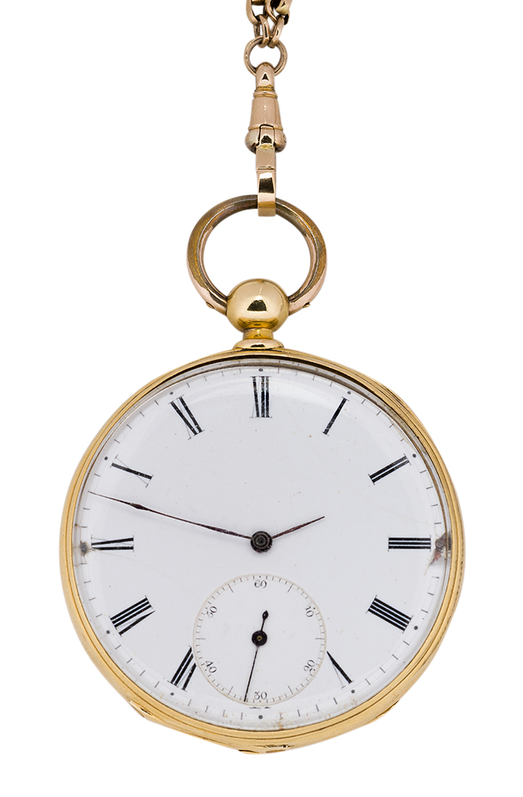 A 19th century gold pocket watch and guard chain, the openface keywind pocket watch with white