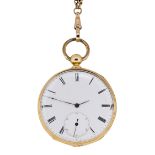 A 19th century gold pocket watch and guard chain, the openface keywind pocket watch with white