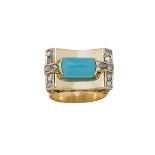 A 1940s, gold, turquoise and diamond ring, the typical saddle shaped bezel with central double