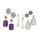 Five pairs gem earrings, comprising a pair of rectangular-cut amethyst single stone drops to