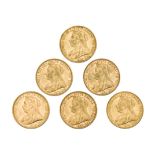 Six Victoria Old Head sovereigns, comprising: 1895, Melbourne Mint; 1896, Melbourne Mint; 1897,