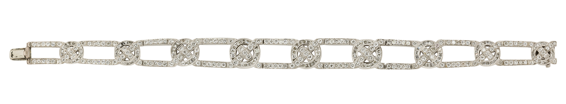 A diamond flexible bracelet, of circular-cut diamond openwork links with graduated crossover