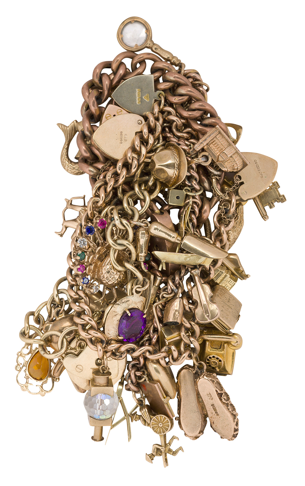 Four gold charm bracelets and a bracelet, Each charm bracelet with various 9ct gold charms including