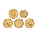 A group of five gold coins, comprising: three Dutch 10 krona, 1875, 1876, 1917; a German 20 mark,