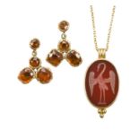 An Intaglio pendant and a pair of citrine earrings, The earrings in the form of a triple cushion