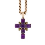 A 9ct. gold mounted amethyst cross pendant, composed rectangular-cut amethysts with cabochon peridot