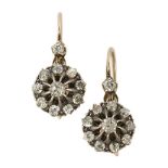 A pair of 19th century diamond drop earrings, each with old-brilliant-cut diamond circular cluster