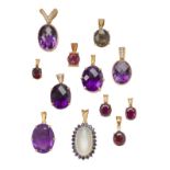 A group of five amethyst pendants, 6 gem pendants, and a moonstone and sapphire pendant, amethyst