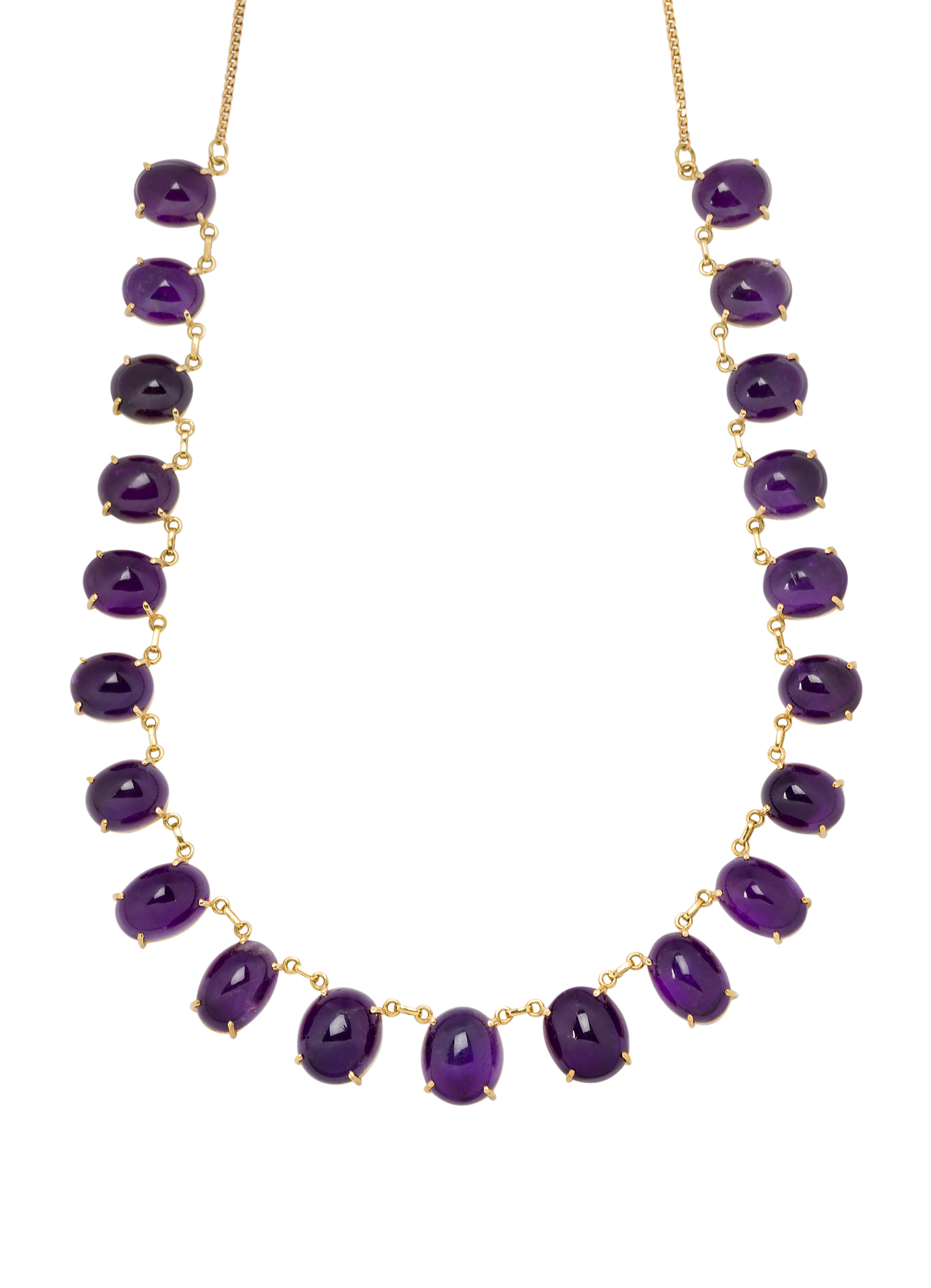 An 18ct gold amethyst necklace, composed of a row of claw-set cabochon amethyst graduated fringe