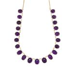 An 18ct gold amethyst necklace, composed of a row of claw-set cabochon amethyst graduated fringe