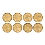 Eight Victoria Young Head sovereigns, comprising: 1872; 1873, Melbourne Mint; 1878; 1879,