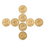Eight Victoria Old Head sovereigns; comprising: 1893, Sydney Mint; 1895, Sydney Mint; 1899, Sydney