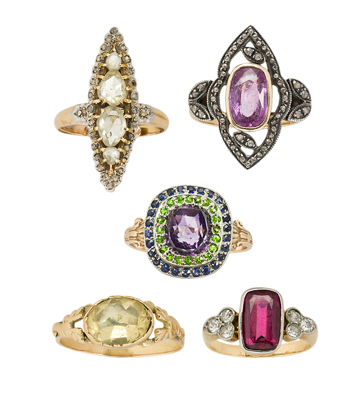 A group of five gem rings, comprising: an Edwardian, rose-cut diamond navette cluster ring; a